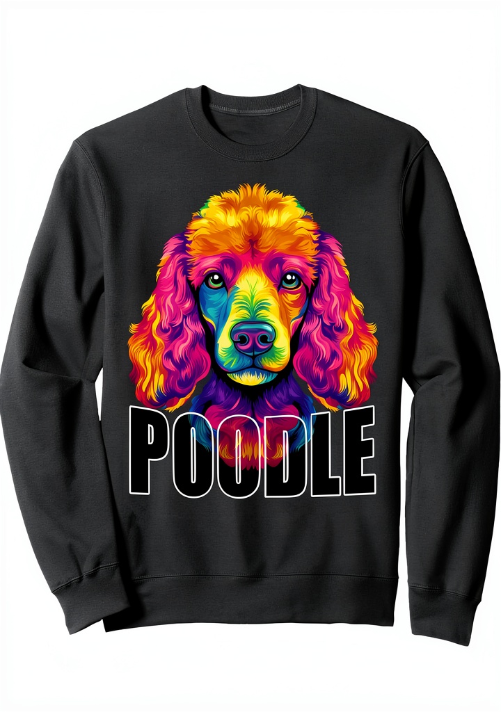 T-shirt caniche coloré porté sur un banc dans un parc, montrant le motif arc‑en‑ciel