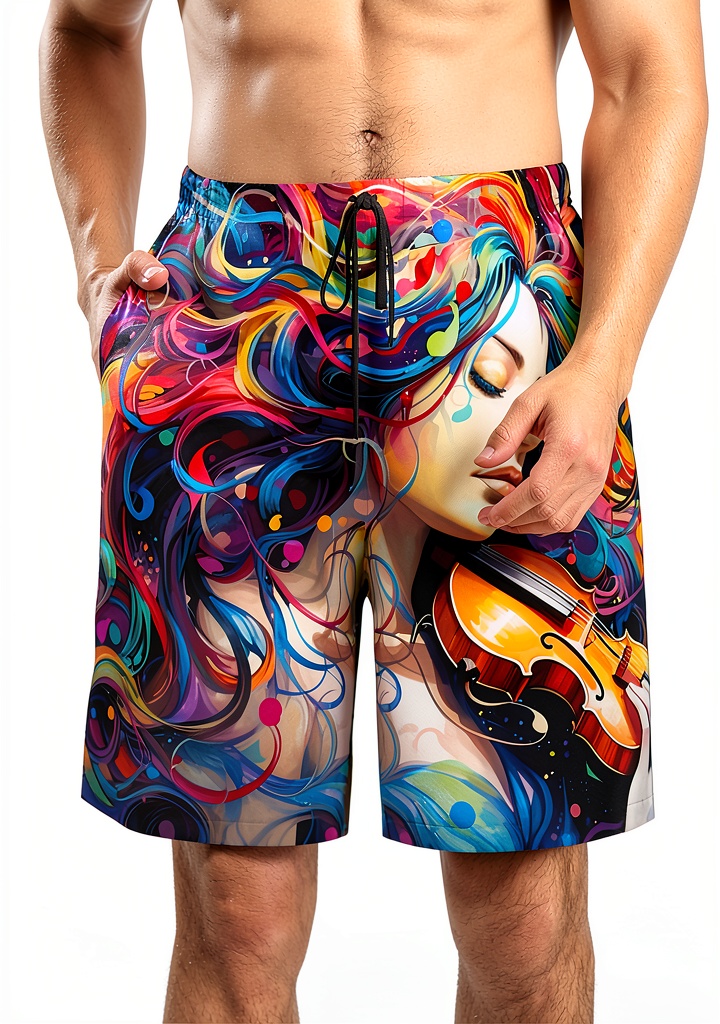 Short de bain homme Ogniwo porté à la plage, vue en pied avec sac de plage et serviette