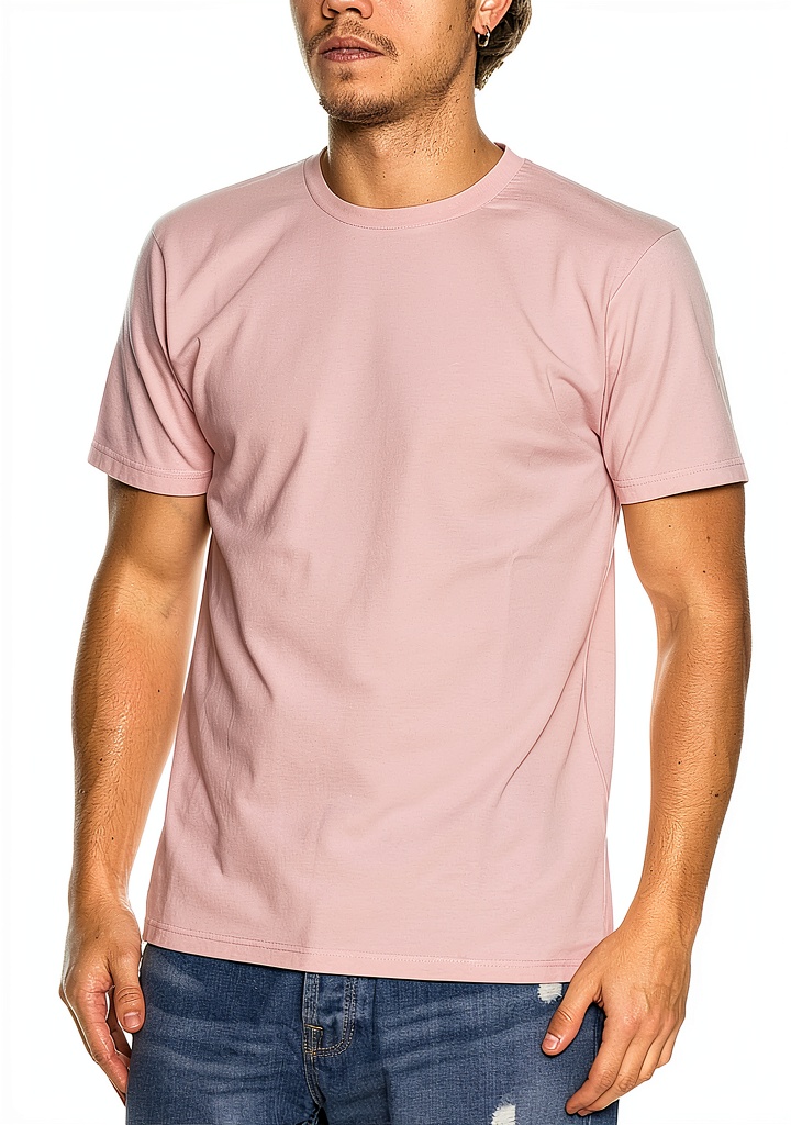 Unboxing du t‑shirt homme bio Colorful XL rose délavé sur un plan de travail en bois